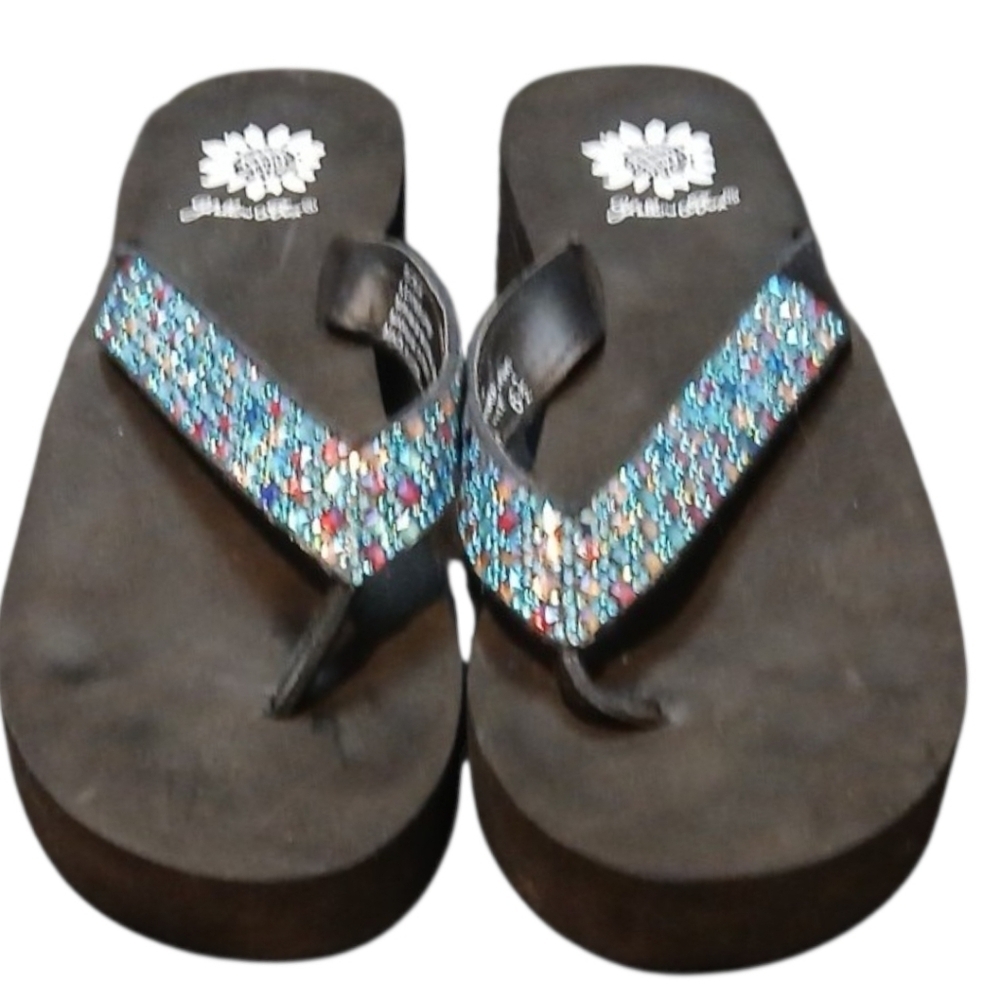 Yellow Box -NWOB, Slip-on Wedges, Multi Colored Leather Straps, Size 6 1/2, - Picture 7 of 9